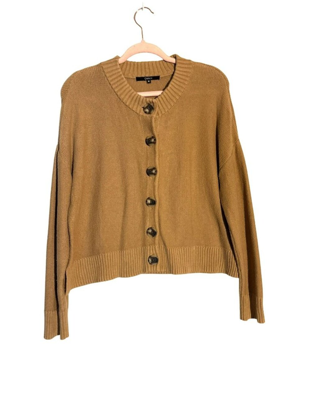 Quince Organic Cotton Button Front Camel Cropped Cardigan Sweater M